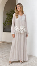 Champagne embroidered overlay long sleeve maxi dress front view
