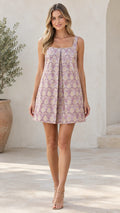 Front full-length view of model wearing dusty lilac square neck damask print mini dress
