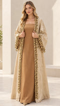 Model wearing Champagne beaded jacquard abaya set with matching inner dress, front view