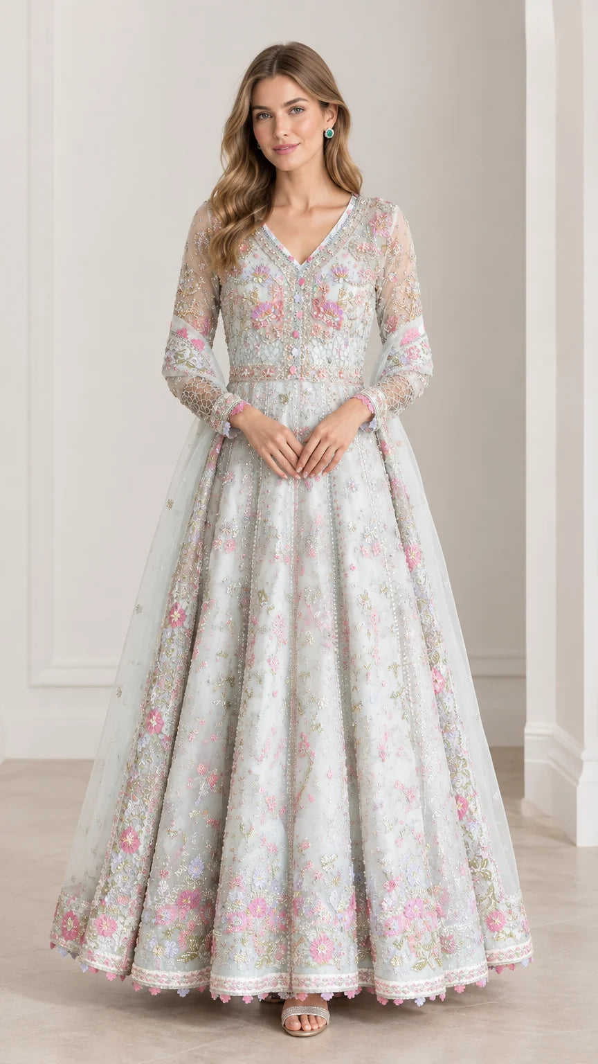 Full front view of model wearing Ice Blue floral embroidered A-line evening gown