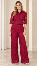 Front full-length view of woman wearing burgundy floral lace collared wide-leg jumpsuit