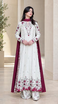 Front full view of women's off-white floral embroidered 3-piece kurta palazzo suit set with maroon dupatta