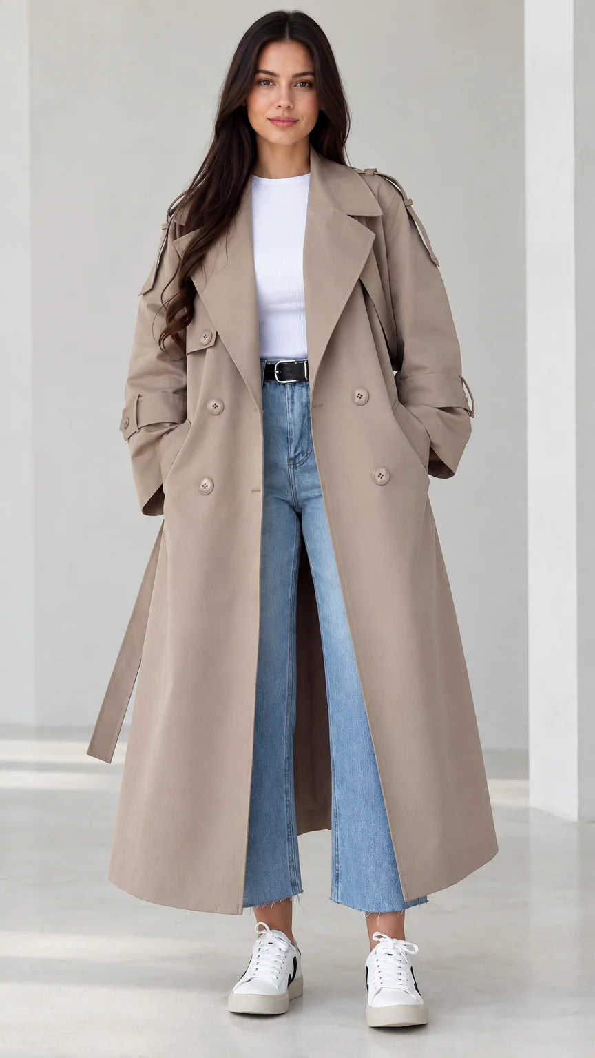 Front view of model wearing beige longline belted trench coat with jeans and white sneakers