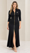 Front view of model wearing black full-length zip front maxi dress