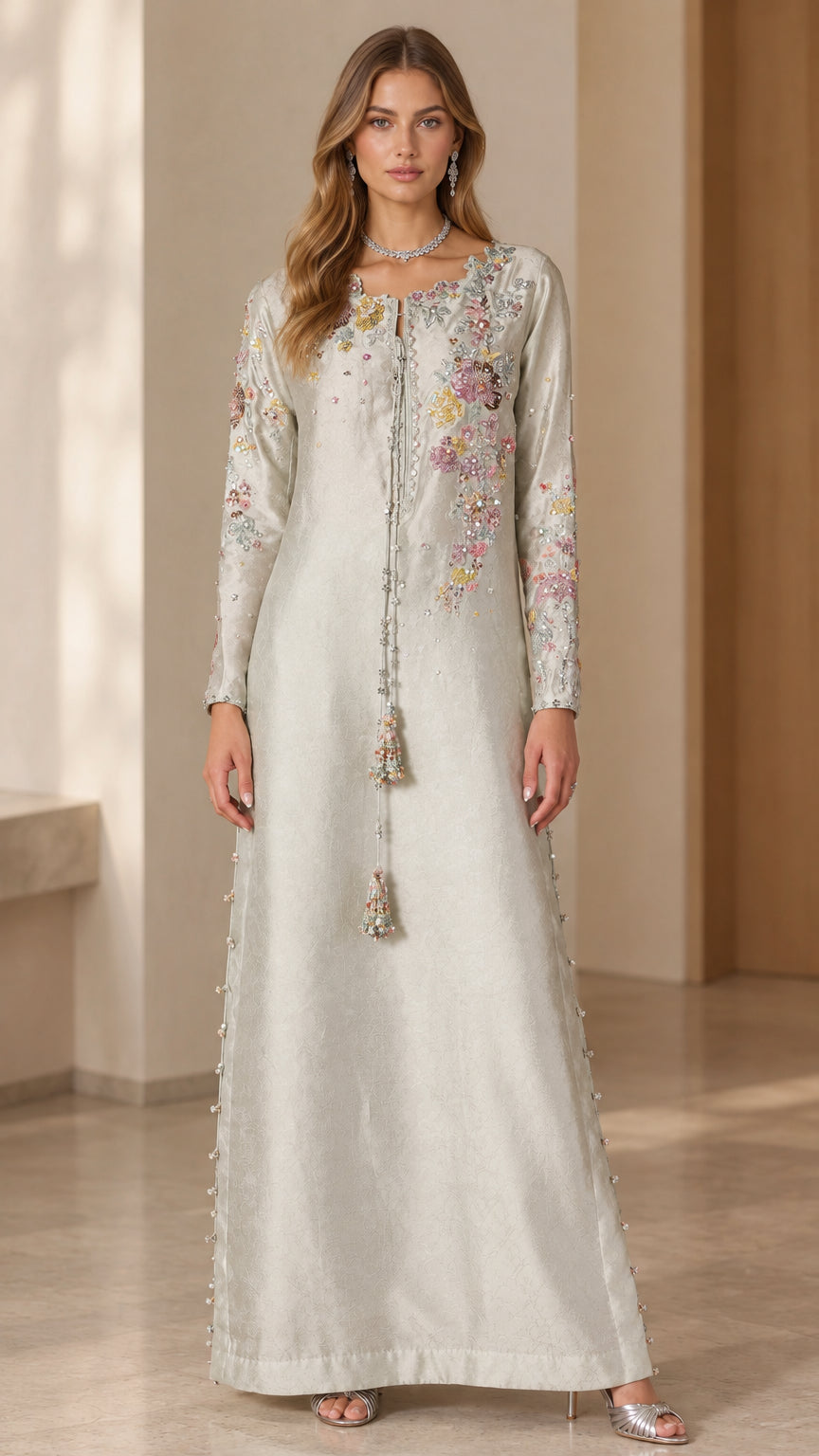Front view of model wearing silver embroidered maxi kaftan dress with tassel ties