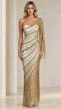 Front full-length view of model wearing Ivory Gold one-shoulder beaded fringe evening gown