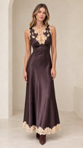 Front full-length view of model wearing espresso brown lace trim satin maxi dress