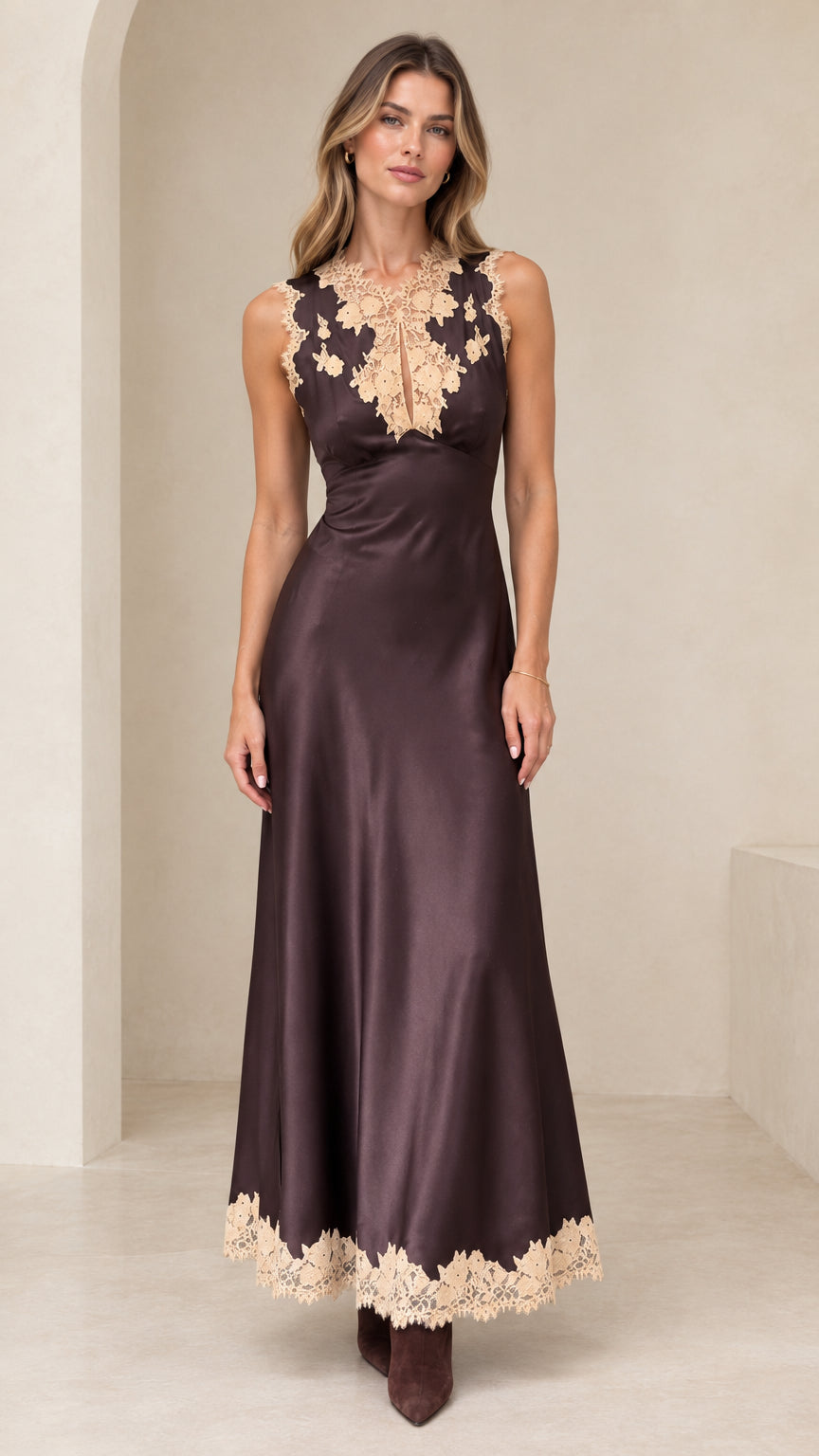 Front full-length view of model wearing espresso brown lace trim satin maxi dress