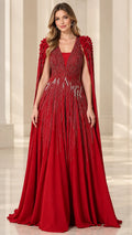 Front view of red beaded evening gown with floor-length cape sleeves and 3D floral shoulders