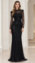 Front full-length view of black sequined high-neck evening gown with long sleeves