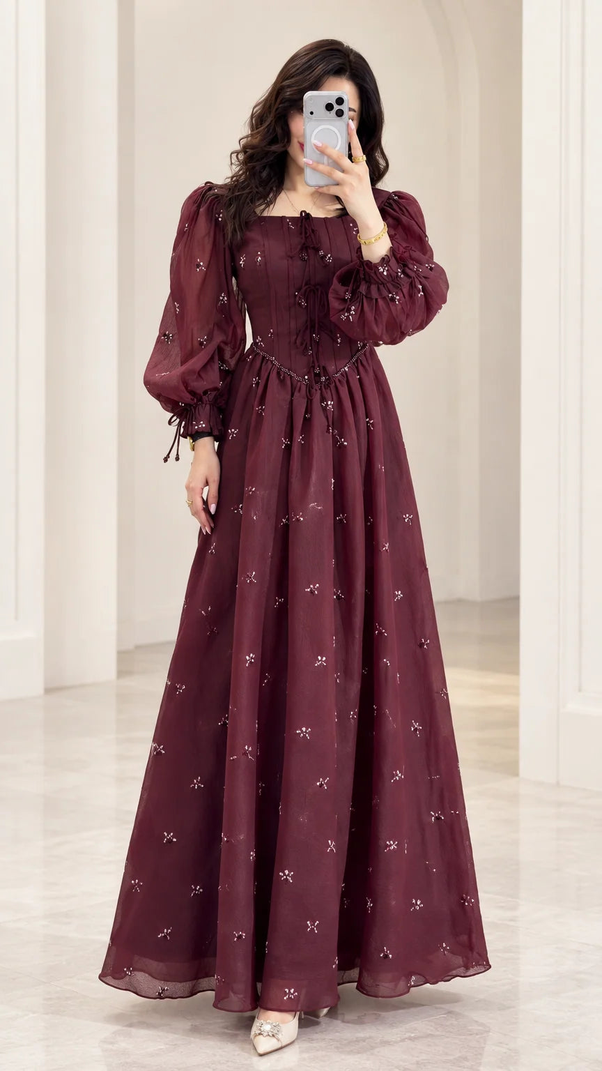 Front view of model wearing Wine Red square neck embroidered chiffon maxi dress