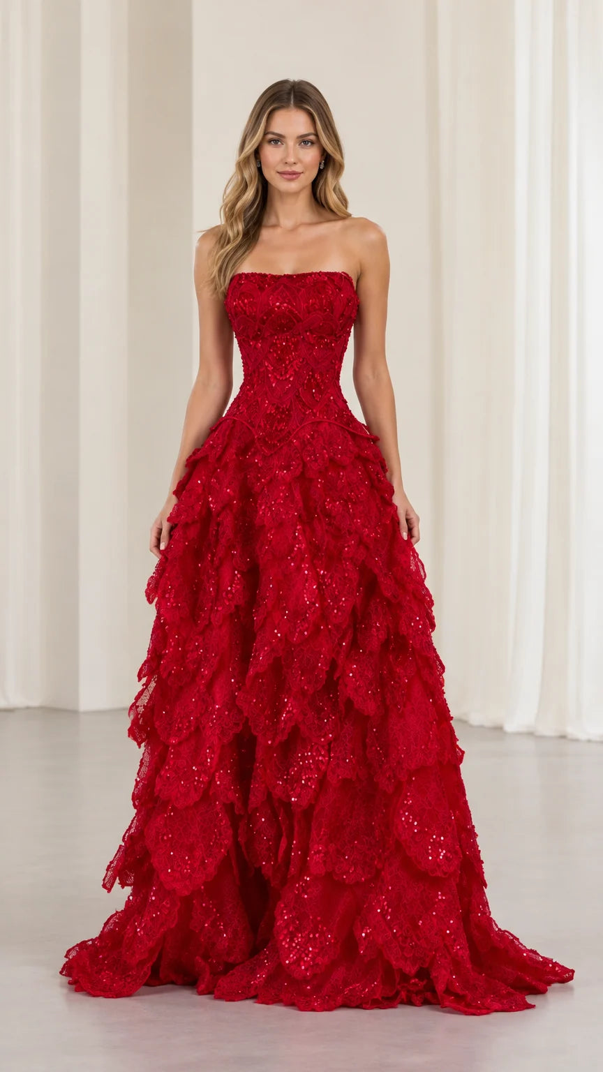 Front view of model wearing red strapless sequin tiered evening ball gown