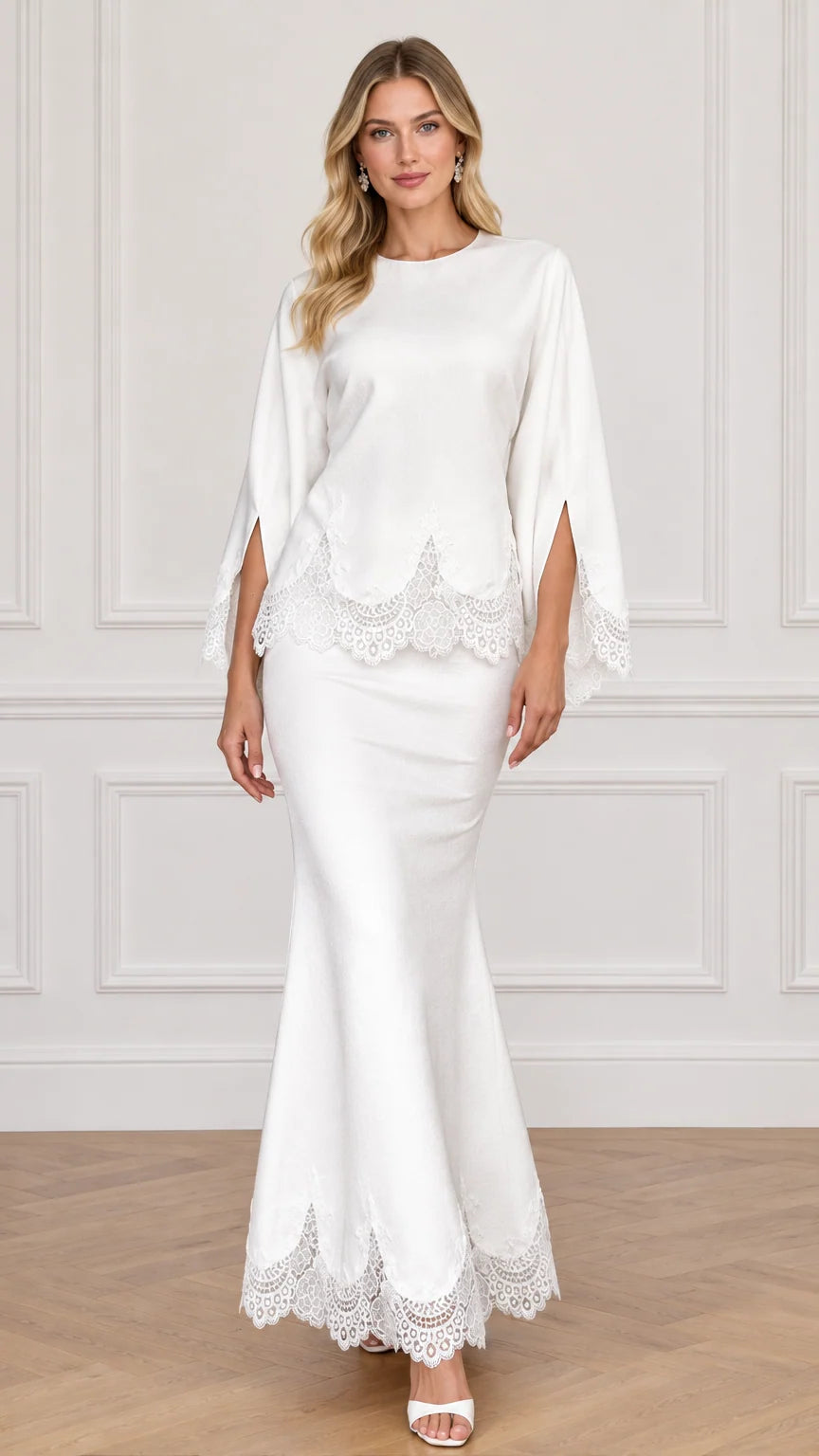 White two-piece evening set with split sleeves and lace trim front view