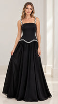 Full front view of model wearing the black rhinestone strap basque waist evening gown
