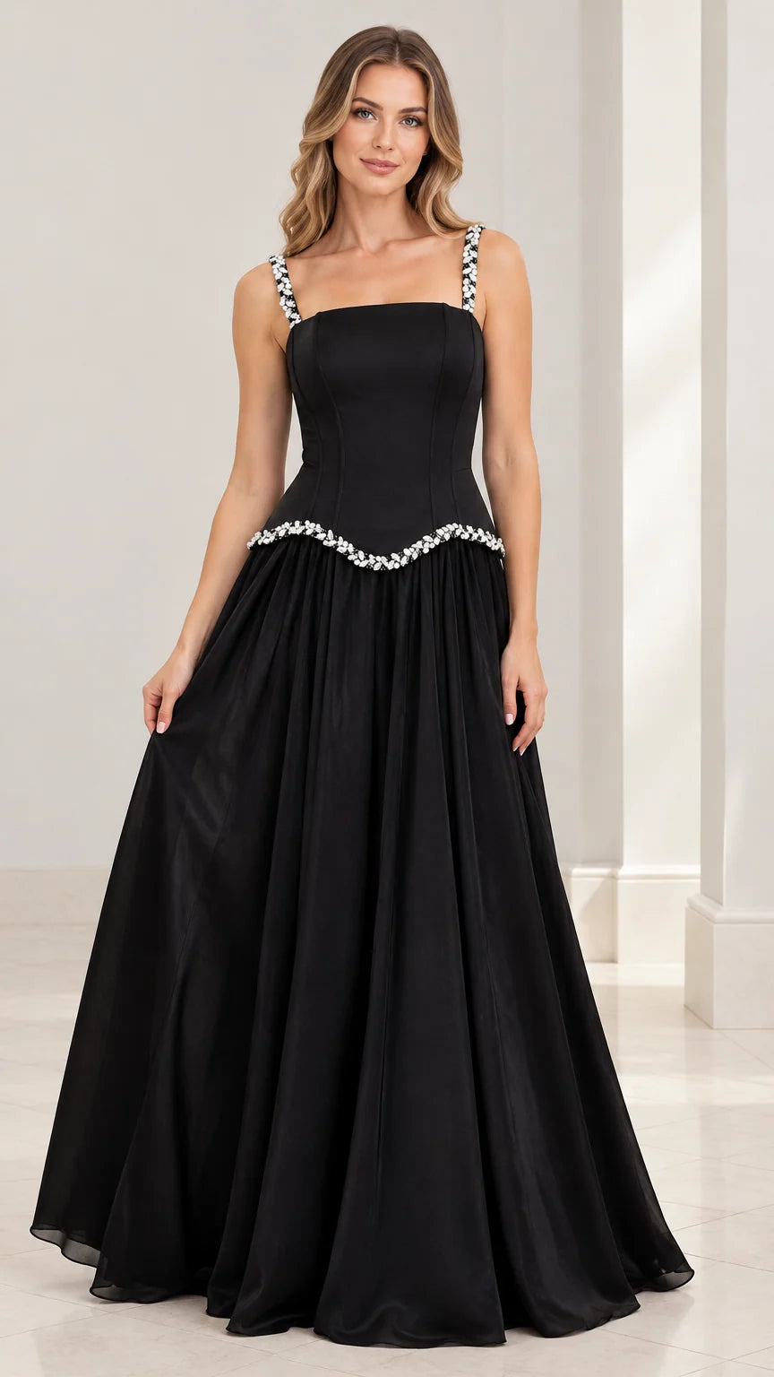 Full front view of model wearing the black rhinestone strap basque waist evening gown