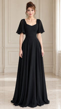 Front view of black sweetheart flutter sleeve chiffon maxi dress