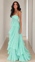 Front full-length view of model wearing Mint Green tiered ruffle chiffon maxi dress