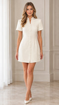 Model wearing an ivory white short sleeve tweed mini dress with mandarin collar - front full view