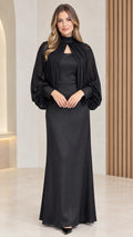 Front view of black beaded cape overlay maxi evening gown