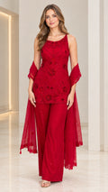 Full-length front view of red 3-piece formal pant suit with beaded tunic and shawl