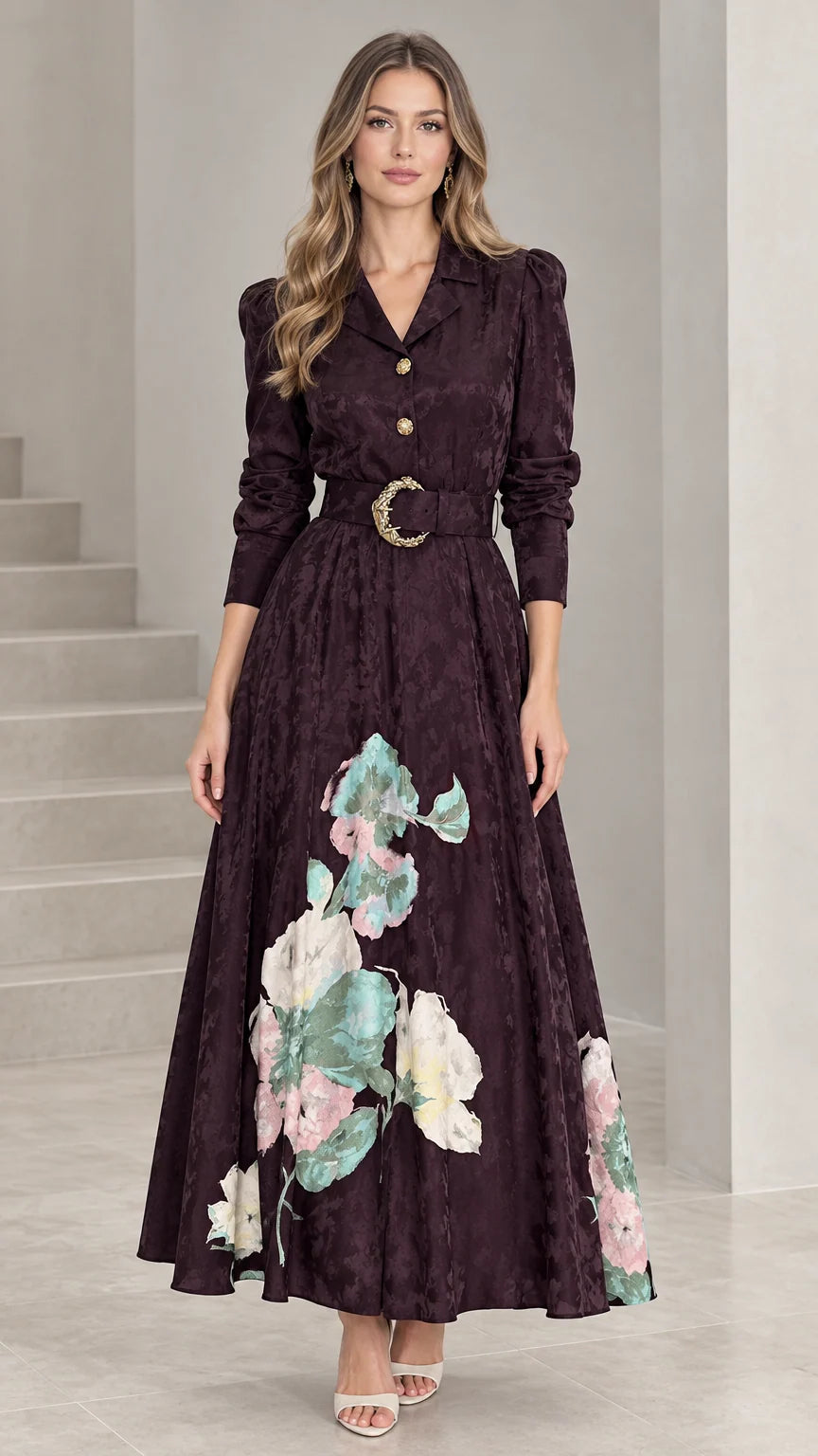 Full front view of model wearing Deep Plum floral jacquard long sleeve maxi shirt dress with belt