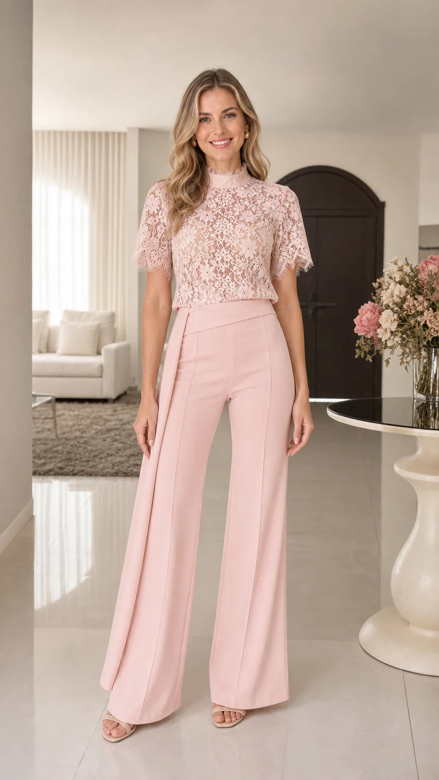 Model wearing Blush Pink floral lace mock neck wide-leg jumpsuit - full front view