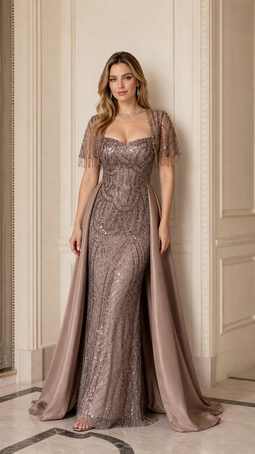 Taupe sequin evening gown with fringe sleeves and sweeping satin overskirt front view