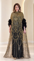 Front view of black beaded cape evening maxi gown with feather cuffs