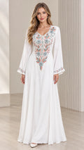 White embroidered V-neck bell sleeve maxi dress front view