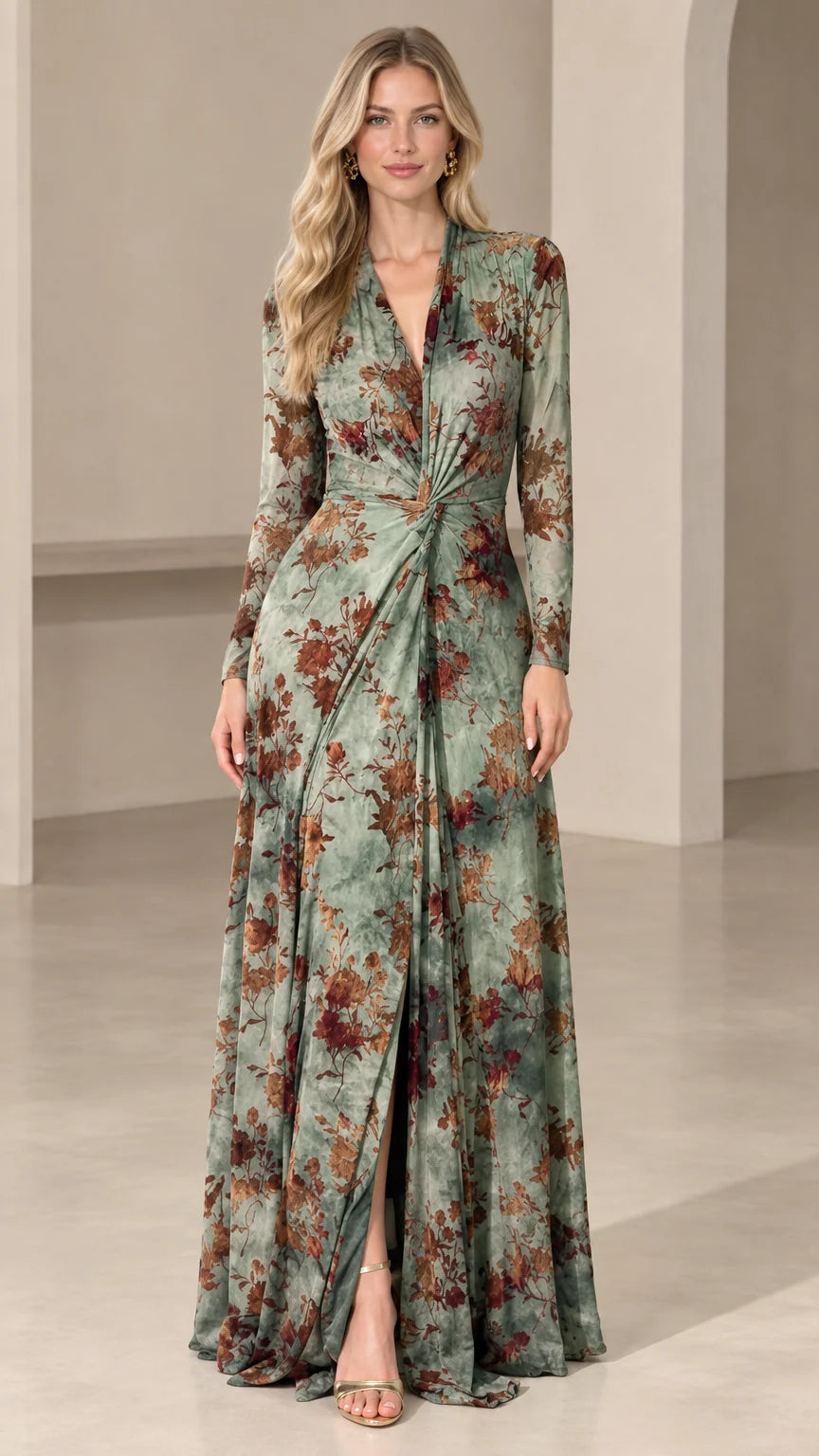 Front full view of woman wearing sage green floral long sleeve twist-front maxi dress