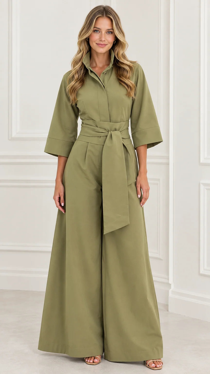 Full-length front view of woman wearing an olive green wide-leg collared jumpsuit with tie belt