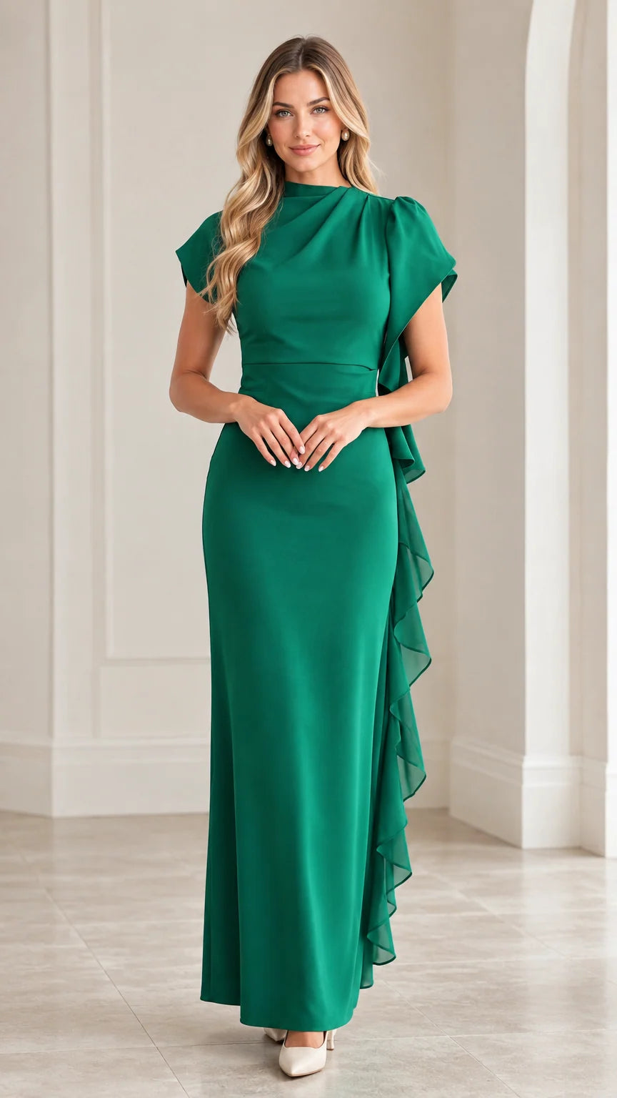 Front view of woman wearing emerald green draped high neck maxi dress with cascade ruffle