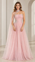Full front view of blush pink beaded tulle evening gown with asymmetrical high-neck cape