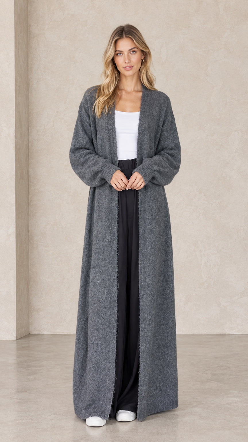 Front full-length view of model wearing charcoal grey maxi duster cardigan
