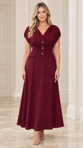 Burgundy V-neck ruched bodice maxi dress with crystal buttons front view