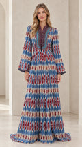 Full front view of blue boho ikat print long sleeve maxi dress with beaded neckline