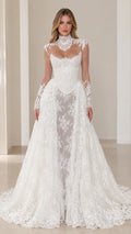 Front view of model wearing a White high neck floral lace corset evening gown
