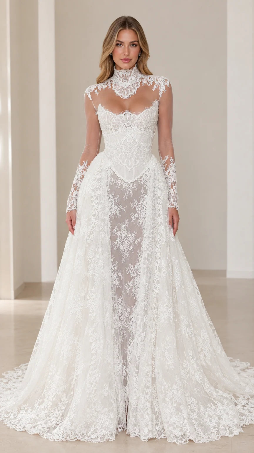 Front view of model wearing a White high neck floral lace corset evening gown