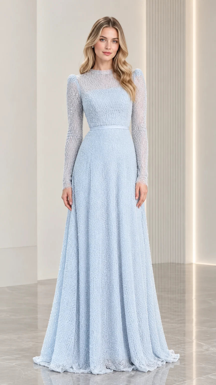 Front view of light blue illusion neck long sleeve A-line evening gown