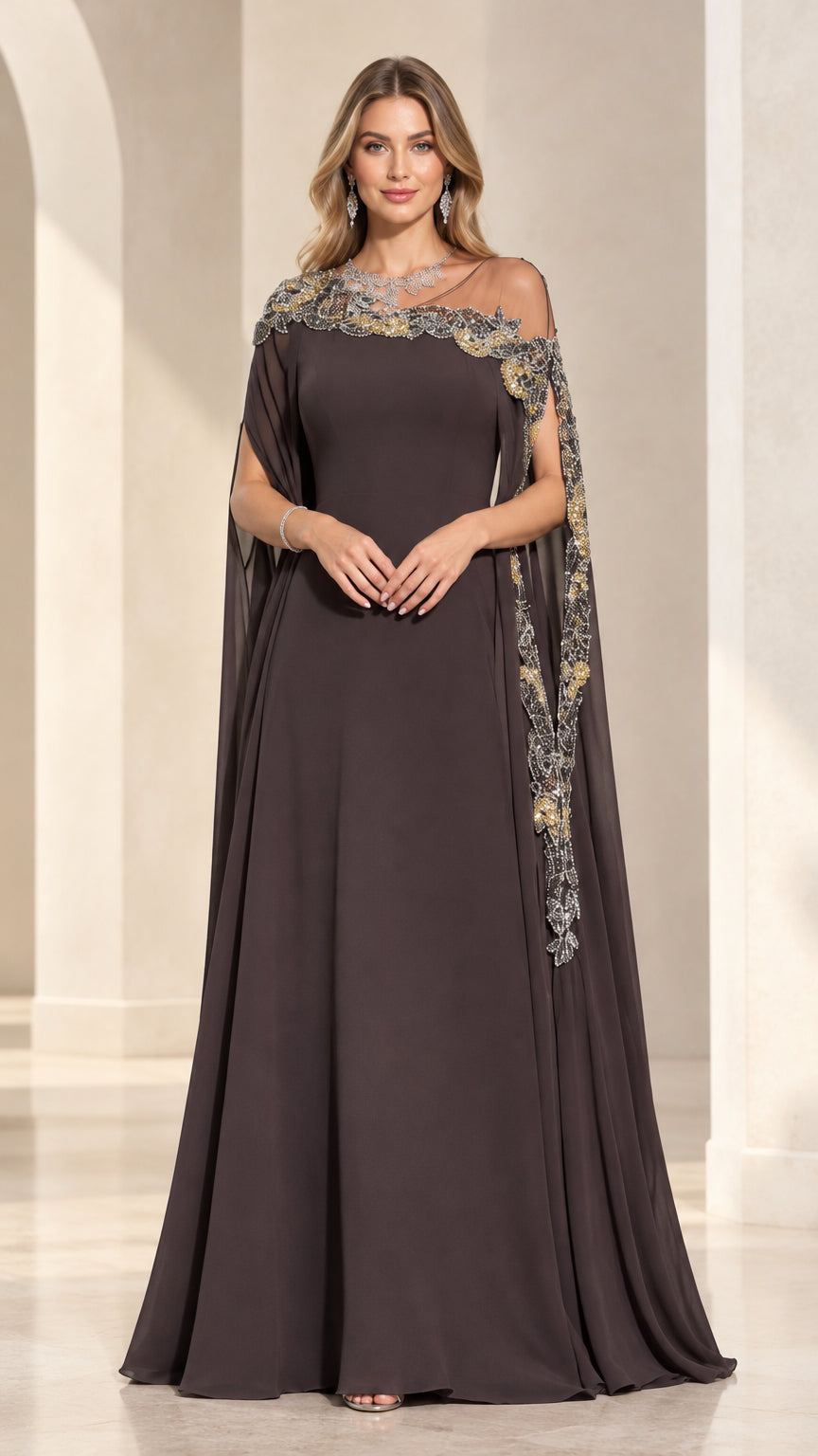 Front view of model wearing Dark Brown Asymmetrical Illusion Embroidered Cape Evening Gown