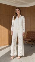 Front full view of ivory floral lace button-down shirt and matching wide leg pants set