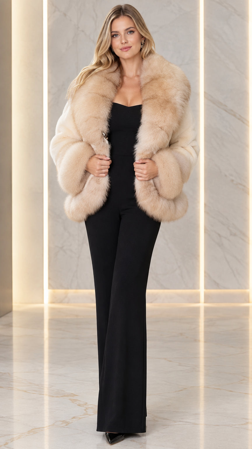 Front view of model wearing beige plush faux fur jacket with oversized shawl collar over black jumpsuit