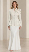Ivory embellished tweed peplum jacket and maxi skirt formal set front view