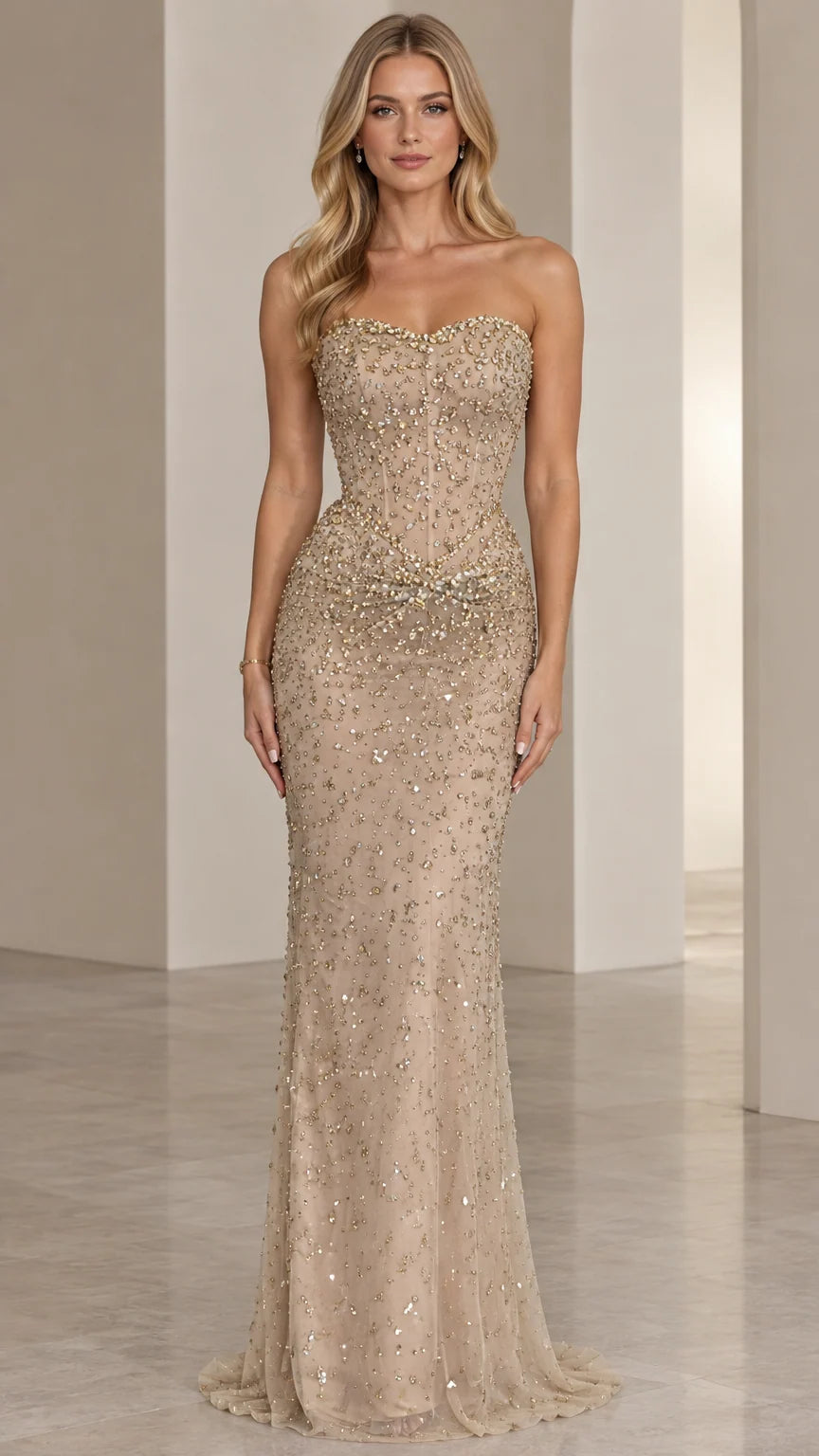 Front view of model wearing Champagne strapless beaded corset evening gown