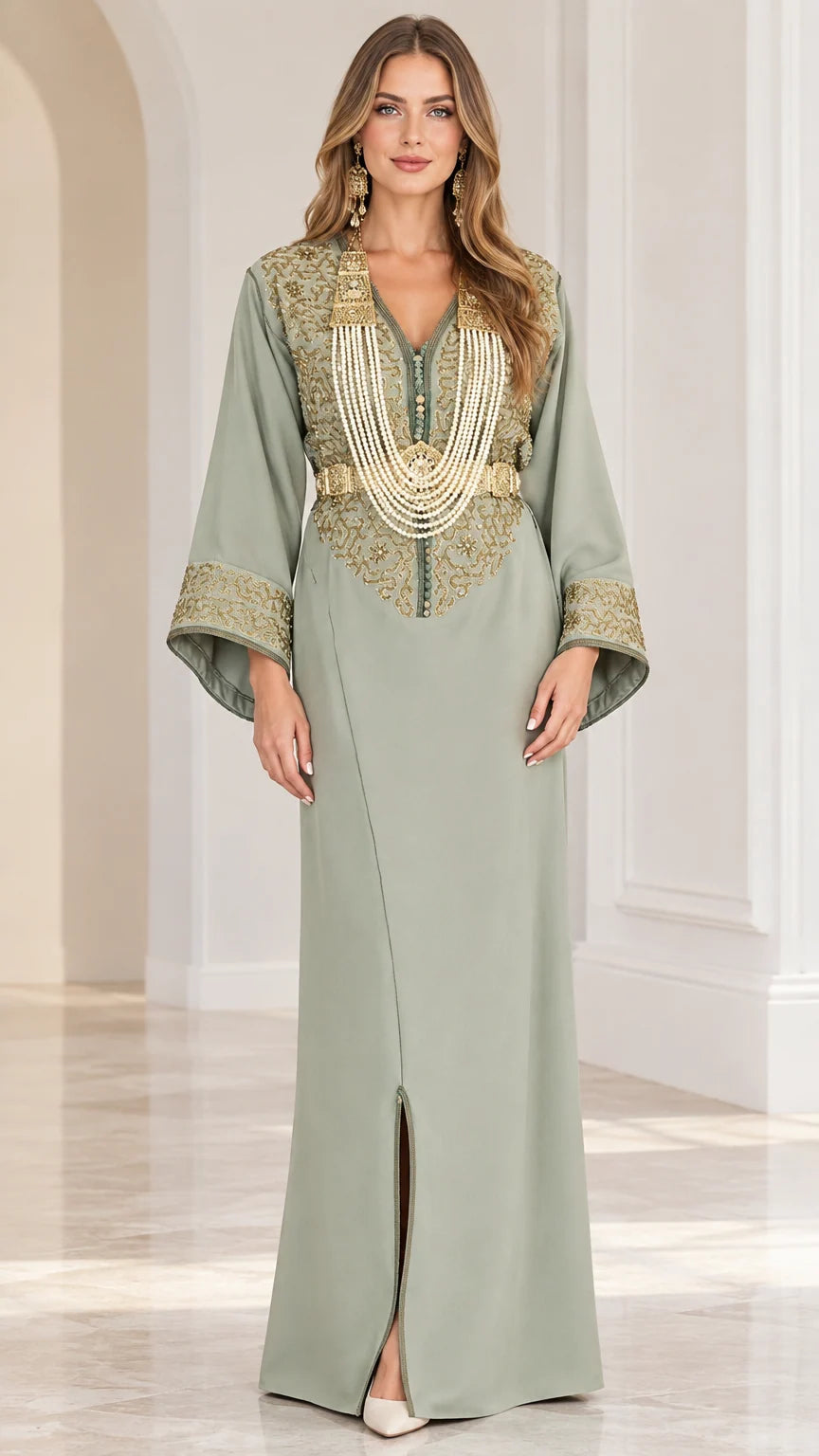 Sage Green embroidered kaftan maxi dress with pearl drape accents front view