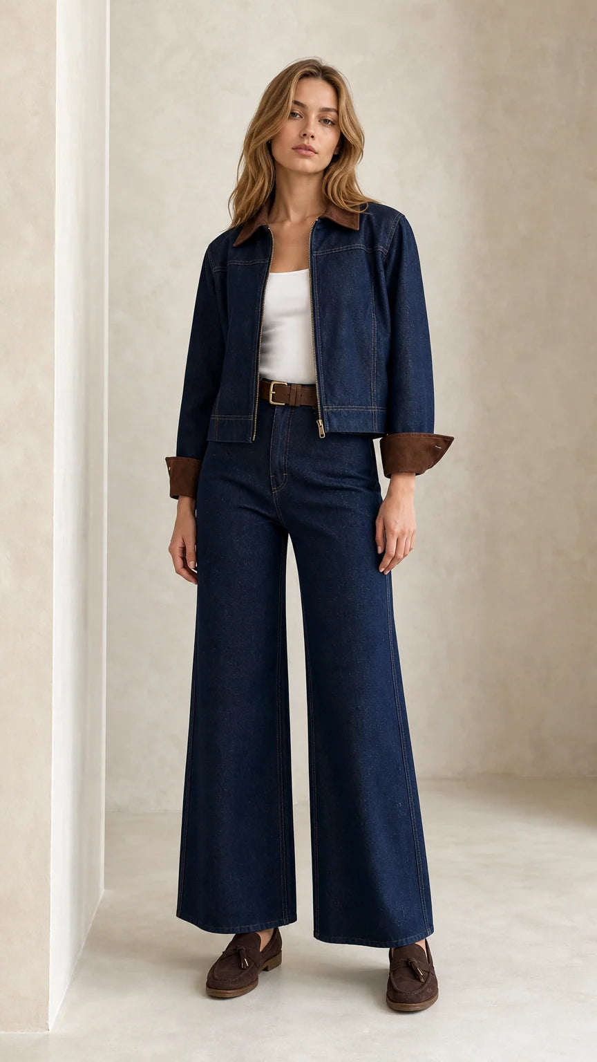 Front view of model wearing Indigo Blue cropped denim jacket and matching wide leg pants