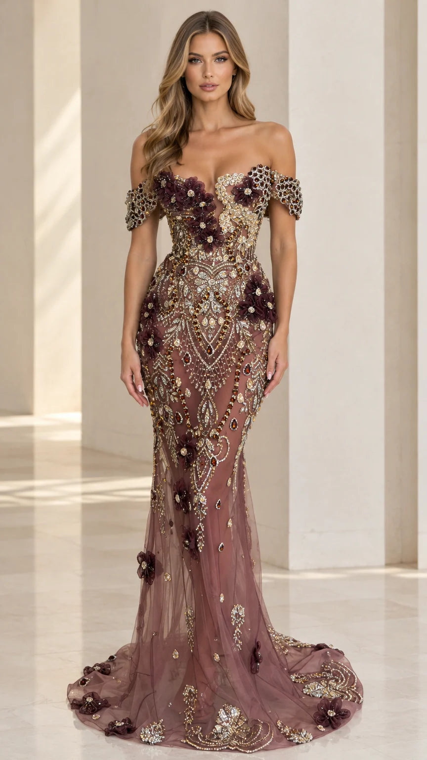 Front view of model wearing dusty mauve embroidered off-the-shoulder mermaid evening gown