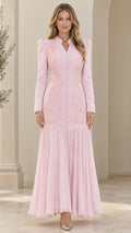 Front full-length view of light pink long sleeve embroidered maxi gown