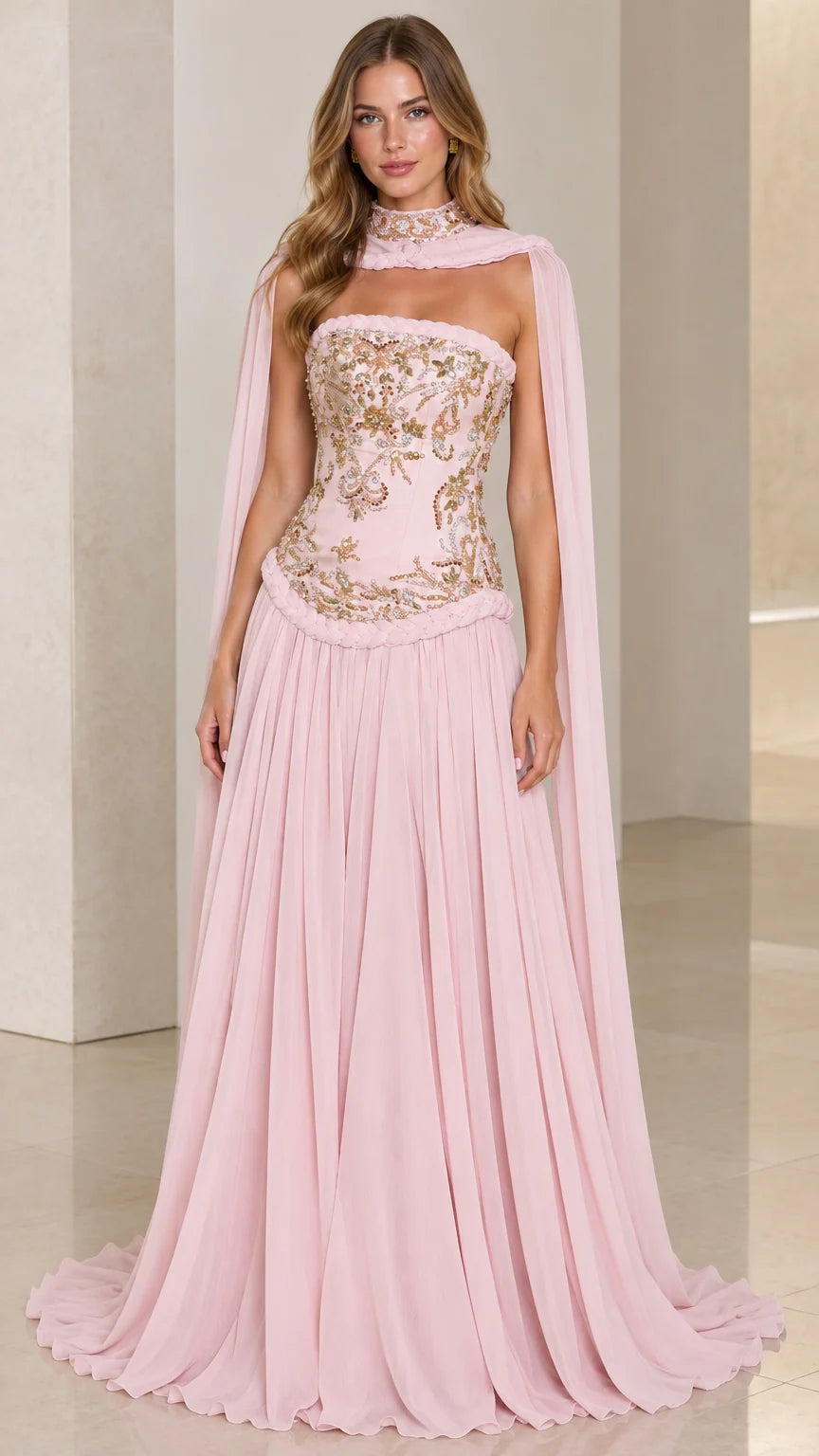 Blush pink strapless embellished corset evening gown with sheer choker cape front view