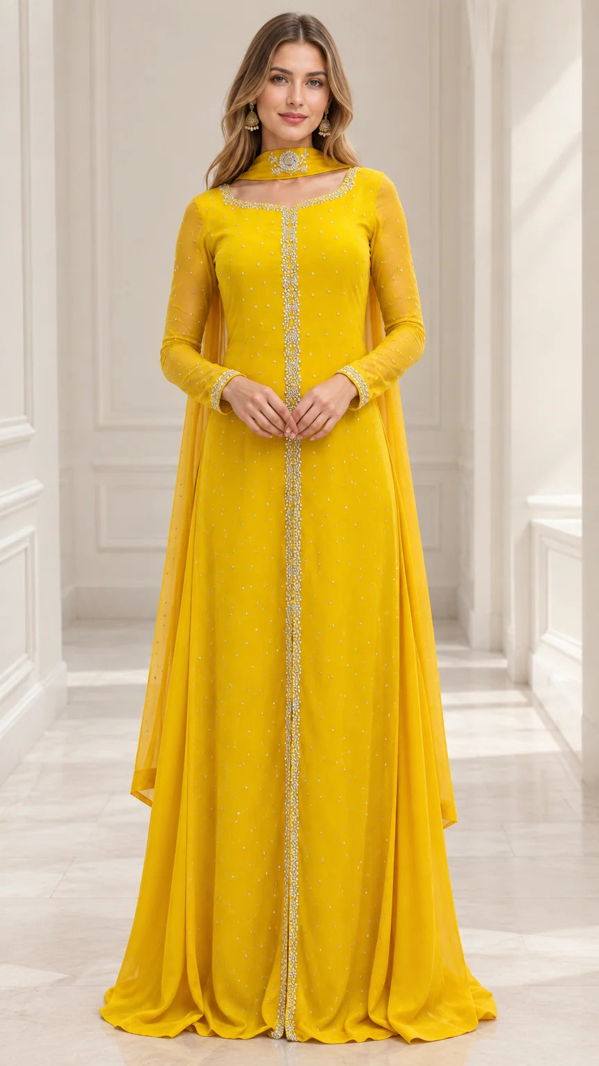 Front view of model wearing full-length yellow embellished evening gown with matching neckband